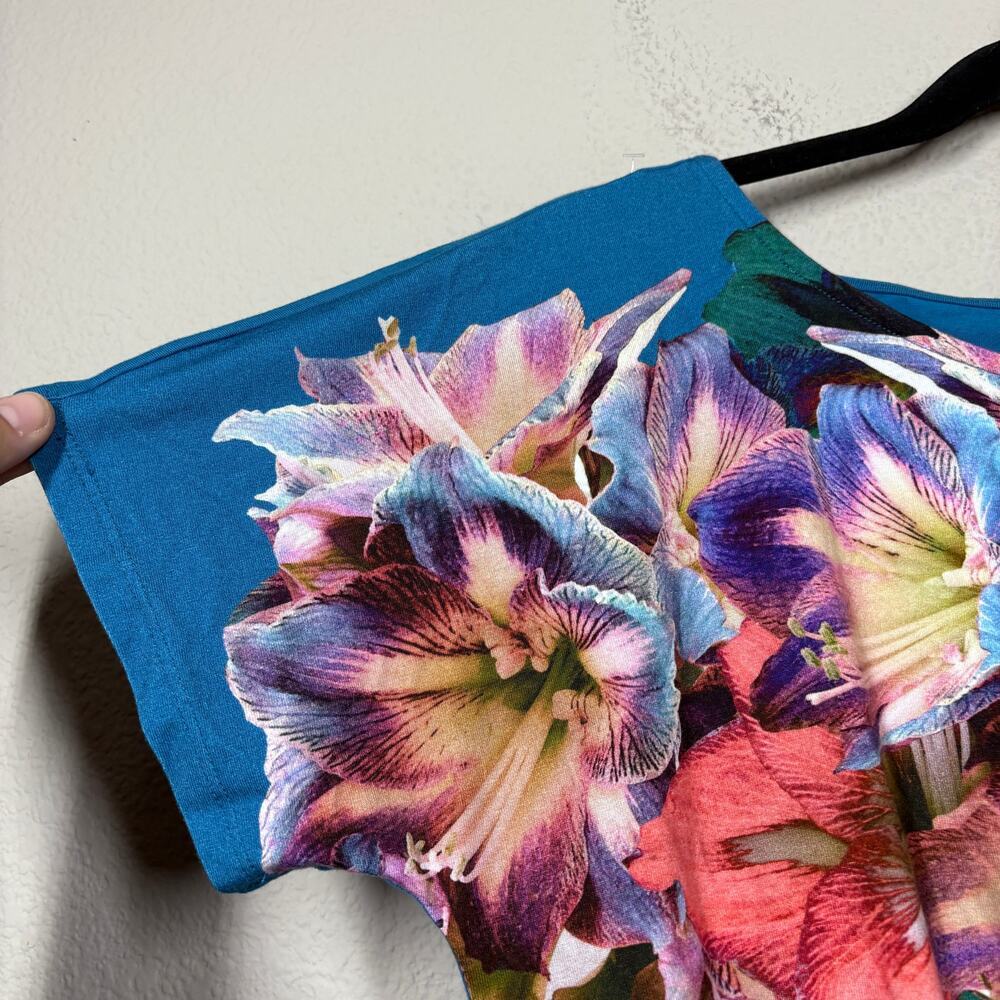 Soft Surroundings Medium Jepara Peplum Top Blue Multi Vivid Floral Short Sleeves - Picture 3 of 7